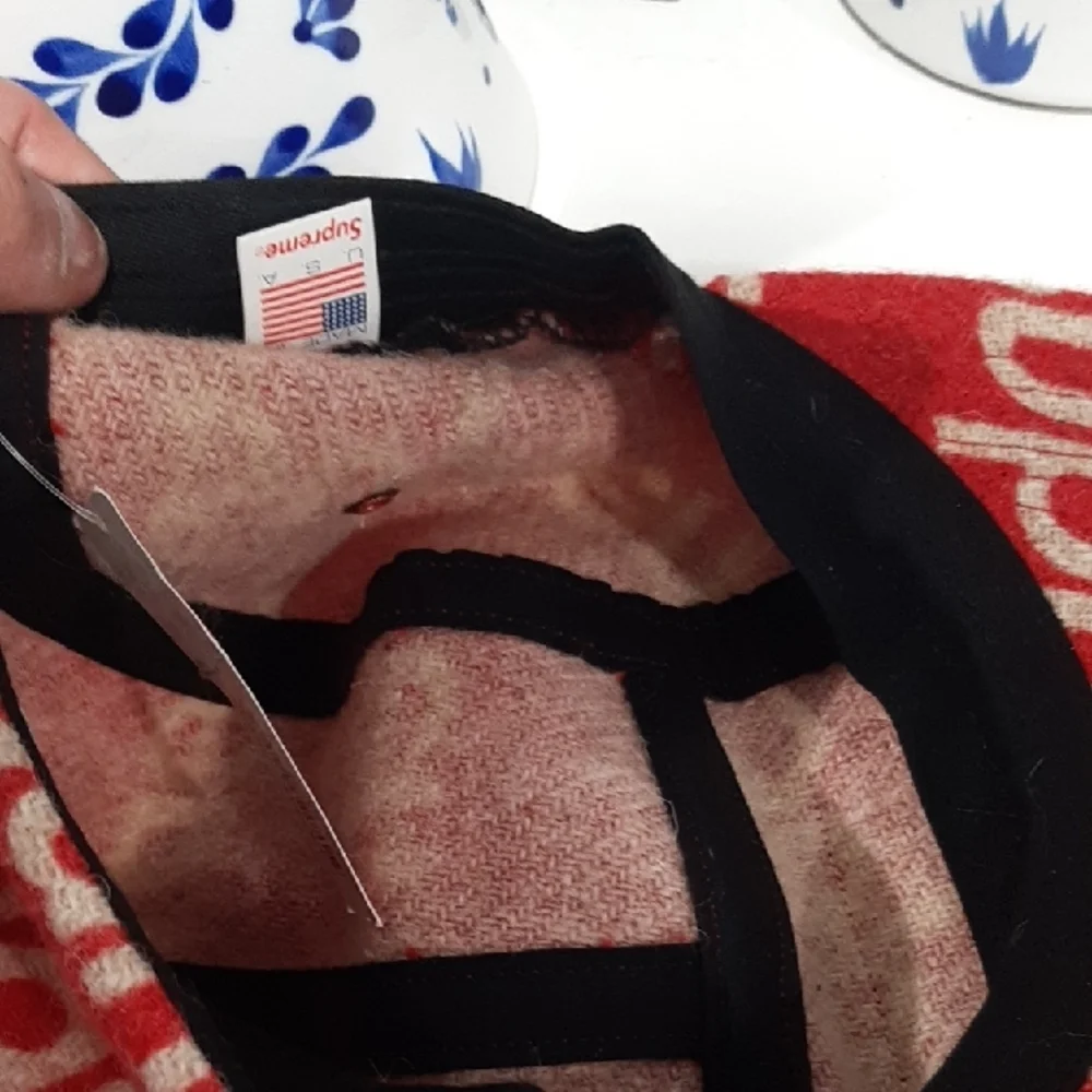 Supreme Red Wool Logo Camp Cap with White All-Over Branding